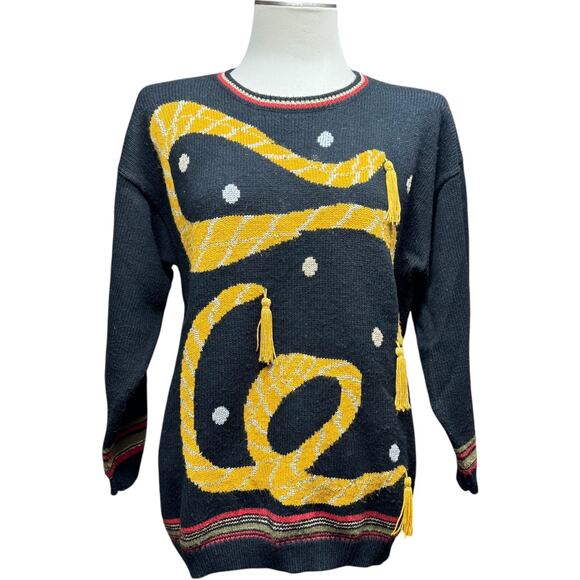 Sue Brett Collection Vintage Tassel Sweater Black Red Gold Silver Medium - Picture 1 of 8